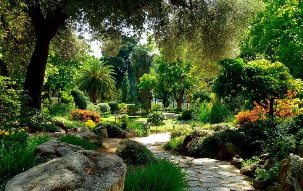 Jardín de estilo atlántico con mucha vegetación, mucho verde y piedra natural