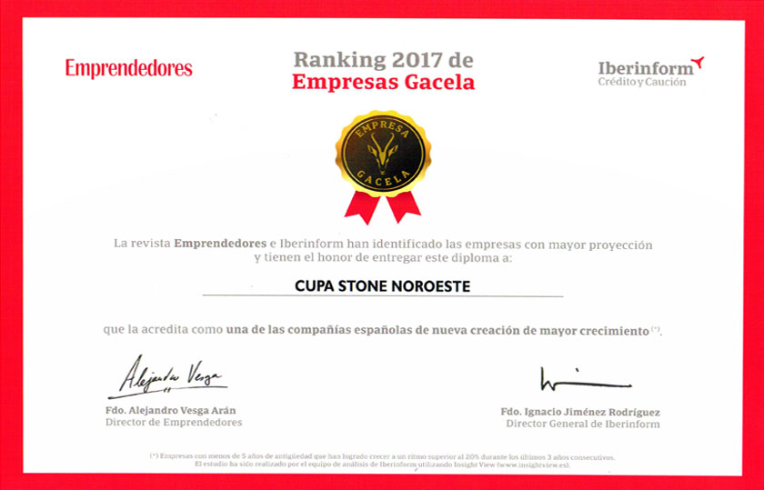 Diploma revista Emprendedores para CUPA STONE