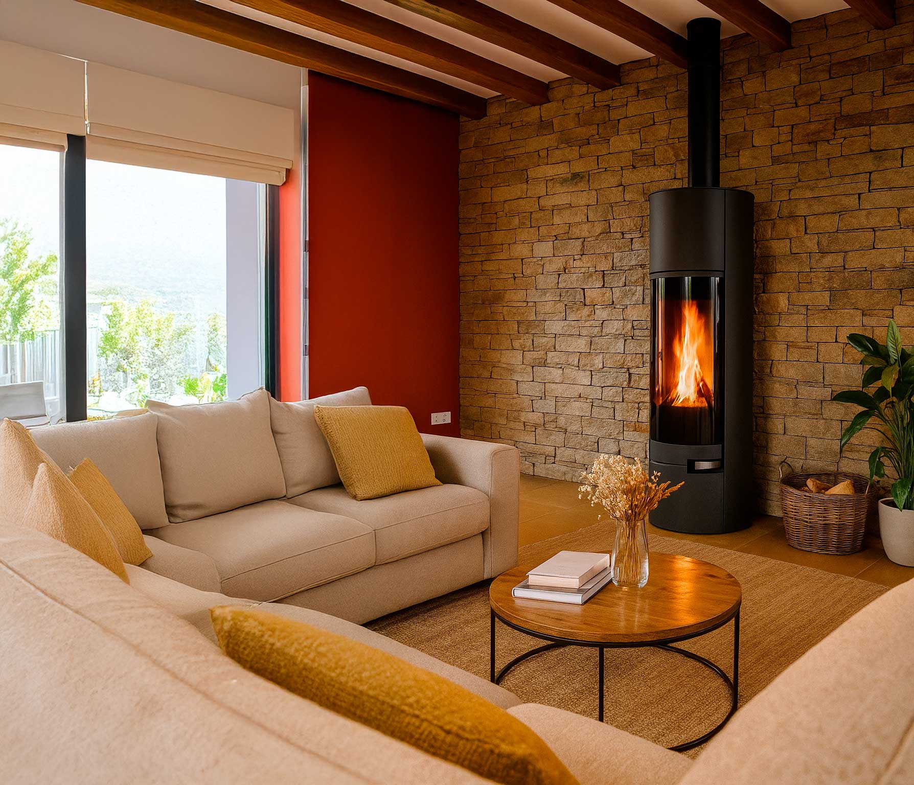 acogedor salón con piedra natural en la pared con una chimenea