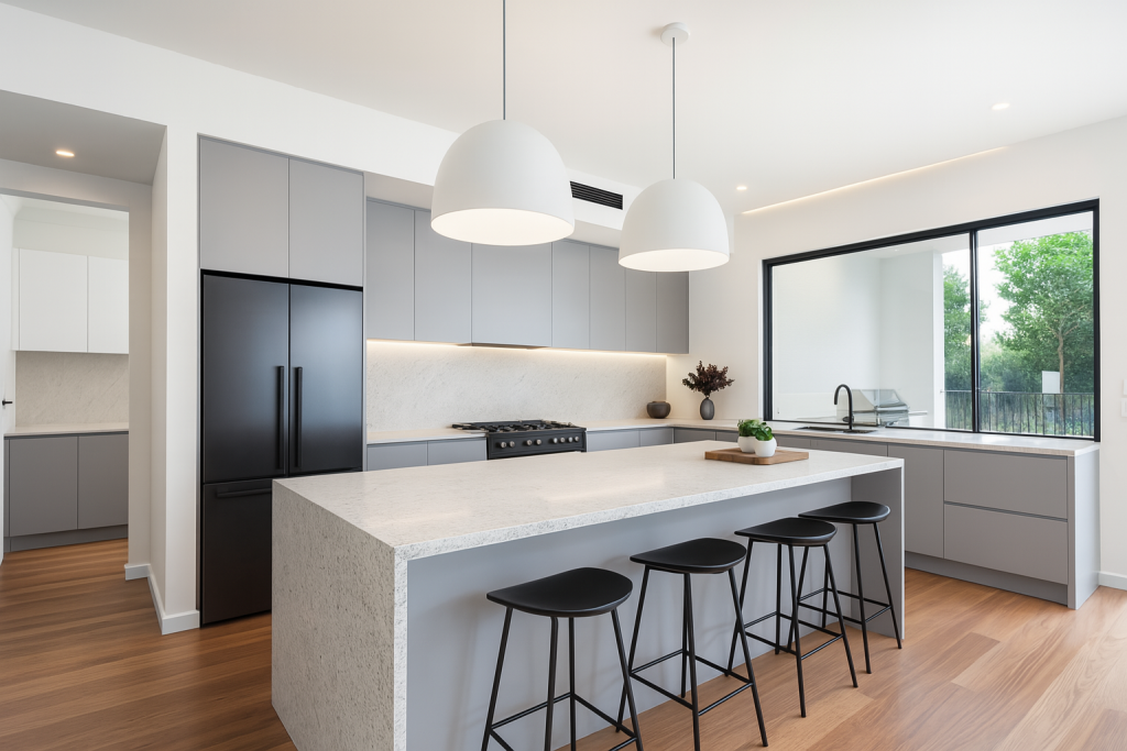 cocina blanca moderna con isla de cocina y nevera negra, suelo de madera