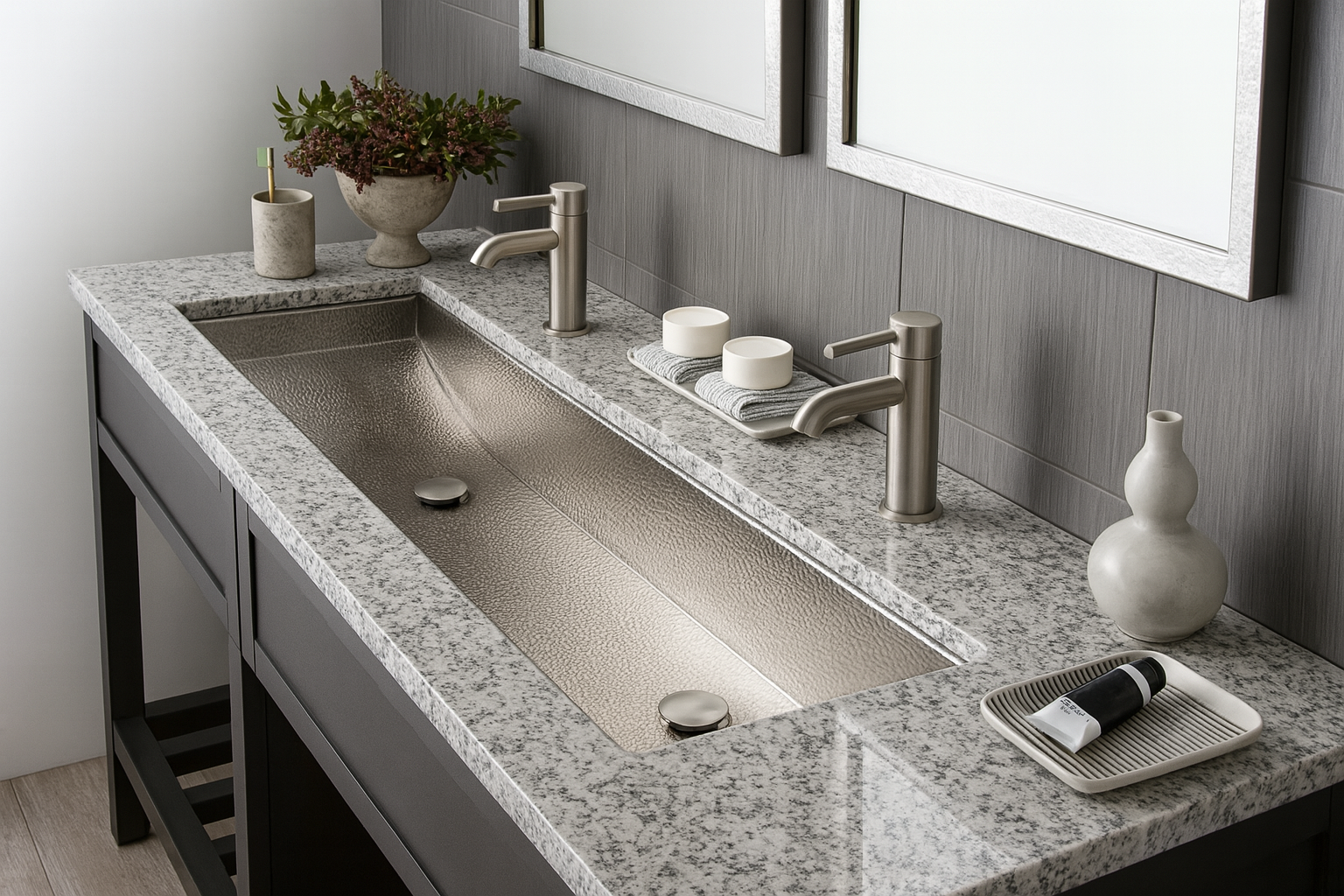 Granito-gris-perla-envimera-baño Baño con muebles oscuros y encirmera de granito gris