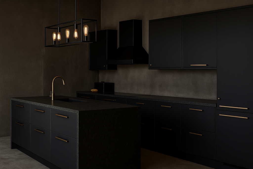 Cocina de estilo insdustrial con granito gris oscuro