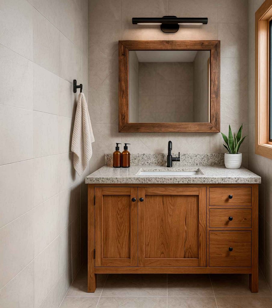 encimera de baño con granito blanco berrocal y muebles de madera, estilo clásico