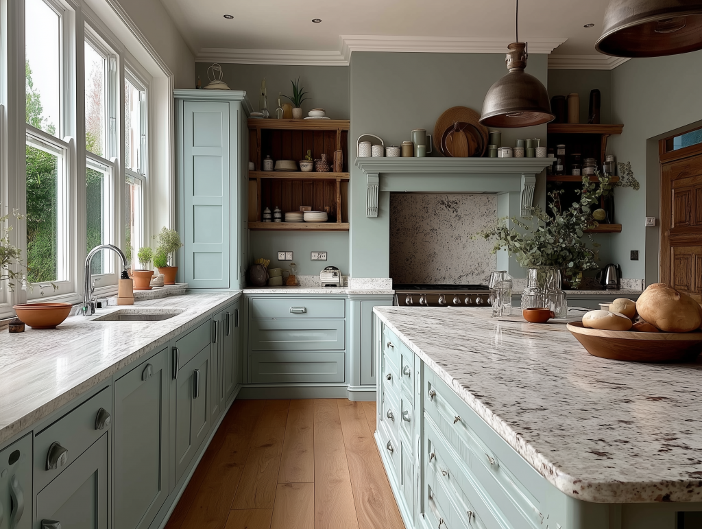 Cocina granito blanco y muebles verde agua 