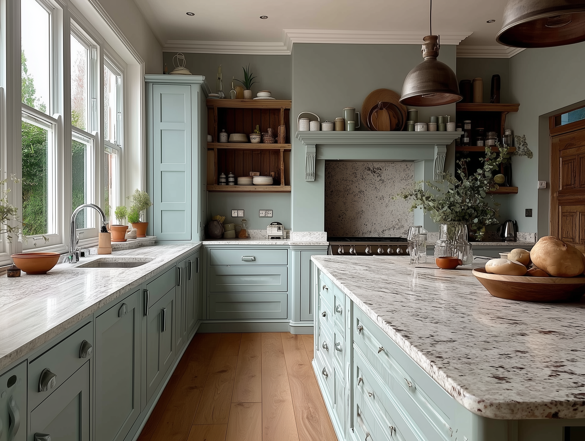 lcocina-muebles-verde-agua-encimera-blanca Cocina granito blanco y muebles verde agua