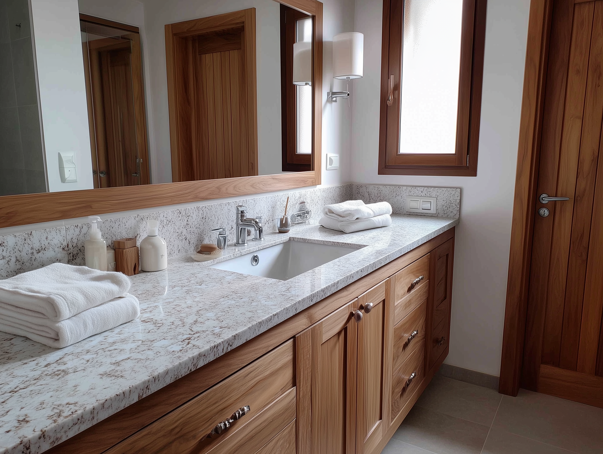 encimera-granito-blanco-clasico-muebles-madera Baño de diseño clásico con muebles de madera