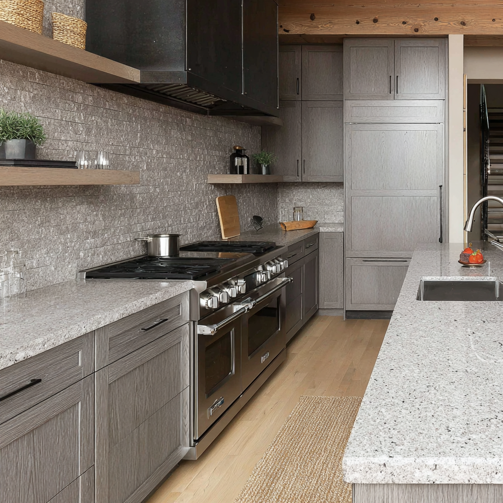 encimera de granito gris perla con muebles de cocina grises