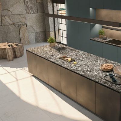 cocina-encimera-negro-marinace-granito Encimera granito peculiar que imita a guijarros negro marinace