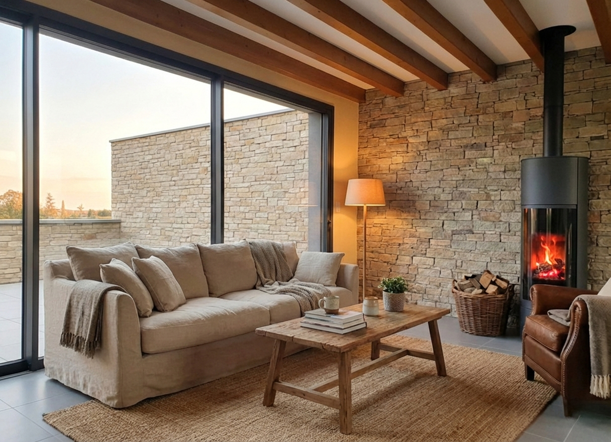 Un ambientez "cozy" con Stonepanel en pared interior y exterior
