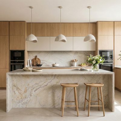 dolce-vita-render-cocina-web Cocina moderna con encimera de cuarcita DOLCE VITA, tipo mármol y muebles de madera natural, muy luminosa, con isla de cocina