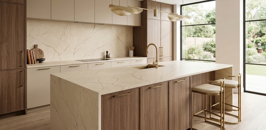cocina moderna con isla de porcelánico macadamia de ceratop