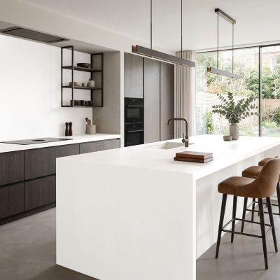 GLACIAR__web isla de cocina blanca con encimera en cuarzo tecnológico Pure White